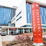 Hospital exterior emergency sign.