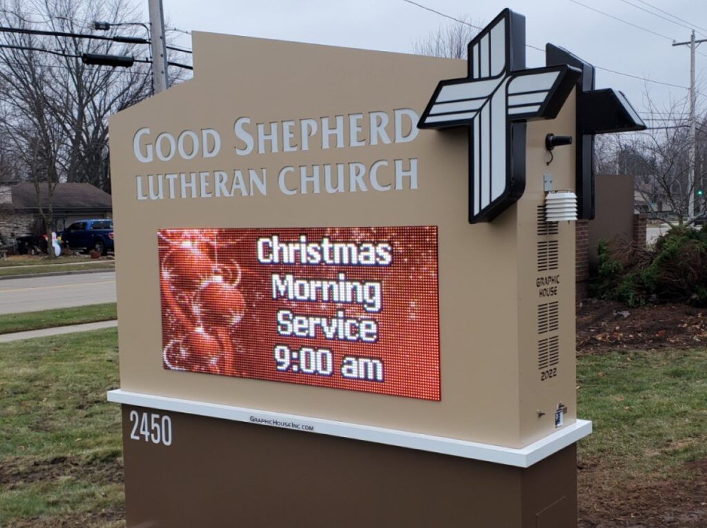 Multi-facet church sign with digital screen.