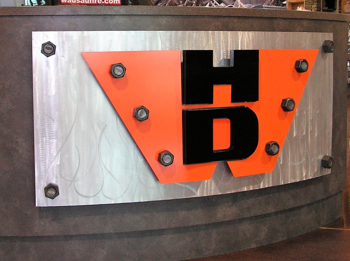 Custom metal lobby sign.