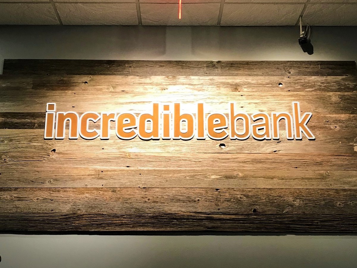 Custom lobby sign for bank.