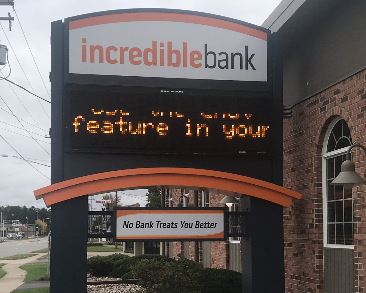 Outdoor business sign for bank.