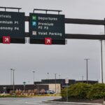 Airport traffic signs with metal base.